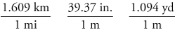 Image of the length conversion factors: 1.609 kilometers per mile, 39.37 inches per meter, 1.094 yards per meter