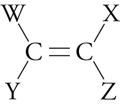 Image showing a Lewis structure with a carbon-carbon double bond with a W and a Y on the left carbon and an X and Z on the right carbon.