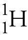 Image of the isotope symbol for hydrogen-1. The H has the atomic number 1 as a subscript on the left and the mass number 1 as a superscript on the left