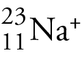 Image of the isotope symbol for the +1 cation of sodium-23. The Na has the atomic number 11 as a subscript on the left, the mass number 23 as a superscript on the left, and the plus superscript on the right